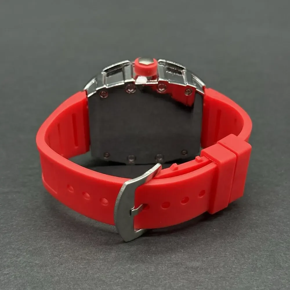 Men's Avant-Garde Tonneau Sport Watch Fully Iced Out Bezel & Vibrant Red Band